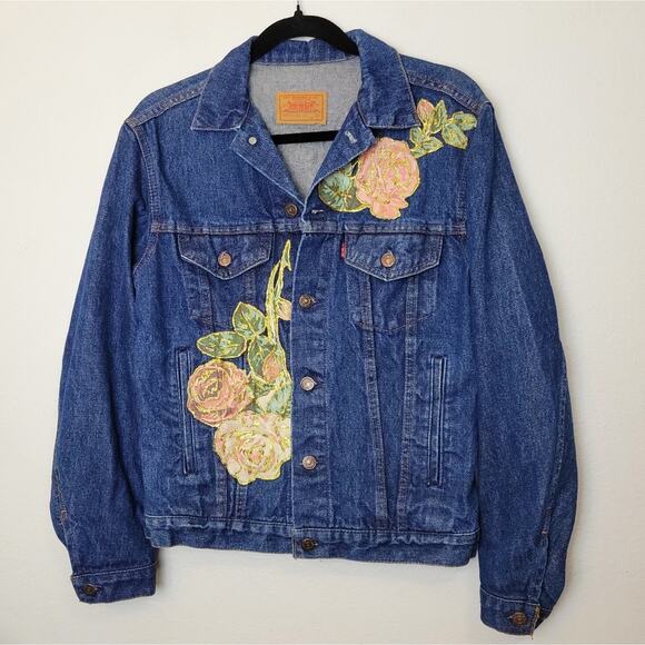 LEVI'S Floral Painted Patch Denim Jean Jacket Pockets Preppy Upcycled Size M - Picture 2 of 16